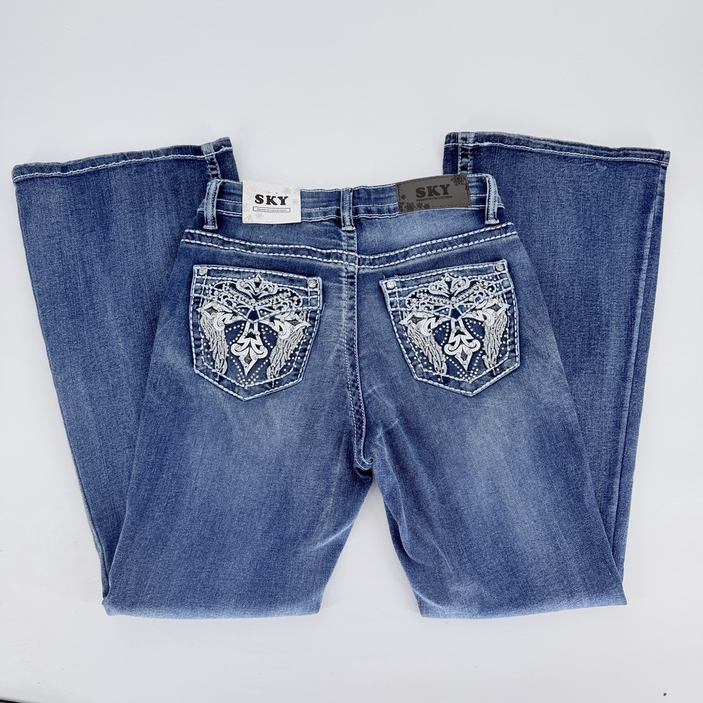SKY Premium Collection Supersoft Flare Jeans Womens 11/12 Blue Rhinestone Cross - Picture 2 of 8